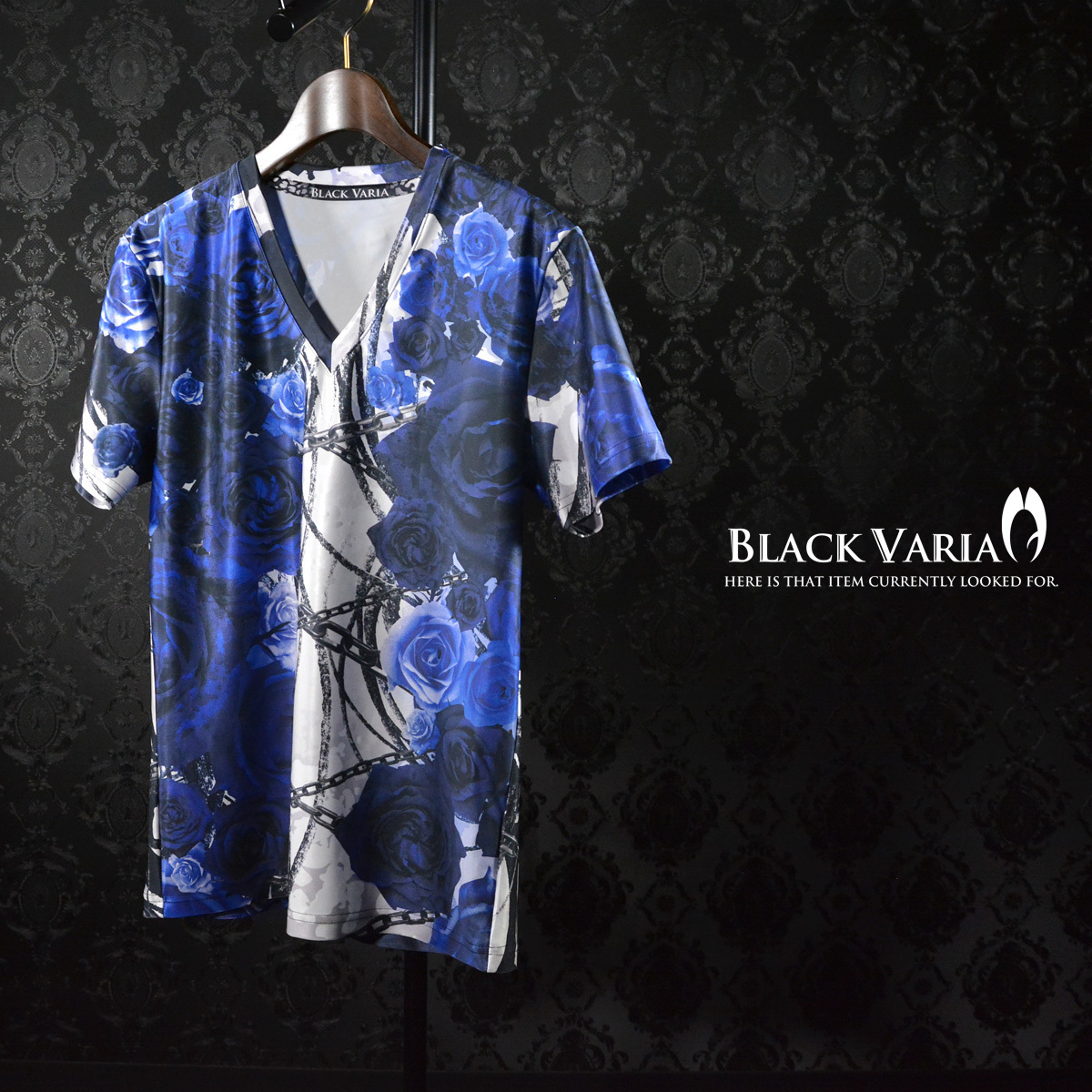 9#bv06-bl BLACK VARIA 薔薇 バラ 花 チェーン柄 プレミアム Vネック半袖Tシャツ メンズ(ブルー青) LL 日本製 吸水速乾＆2wayストレッチ_画像2