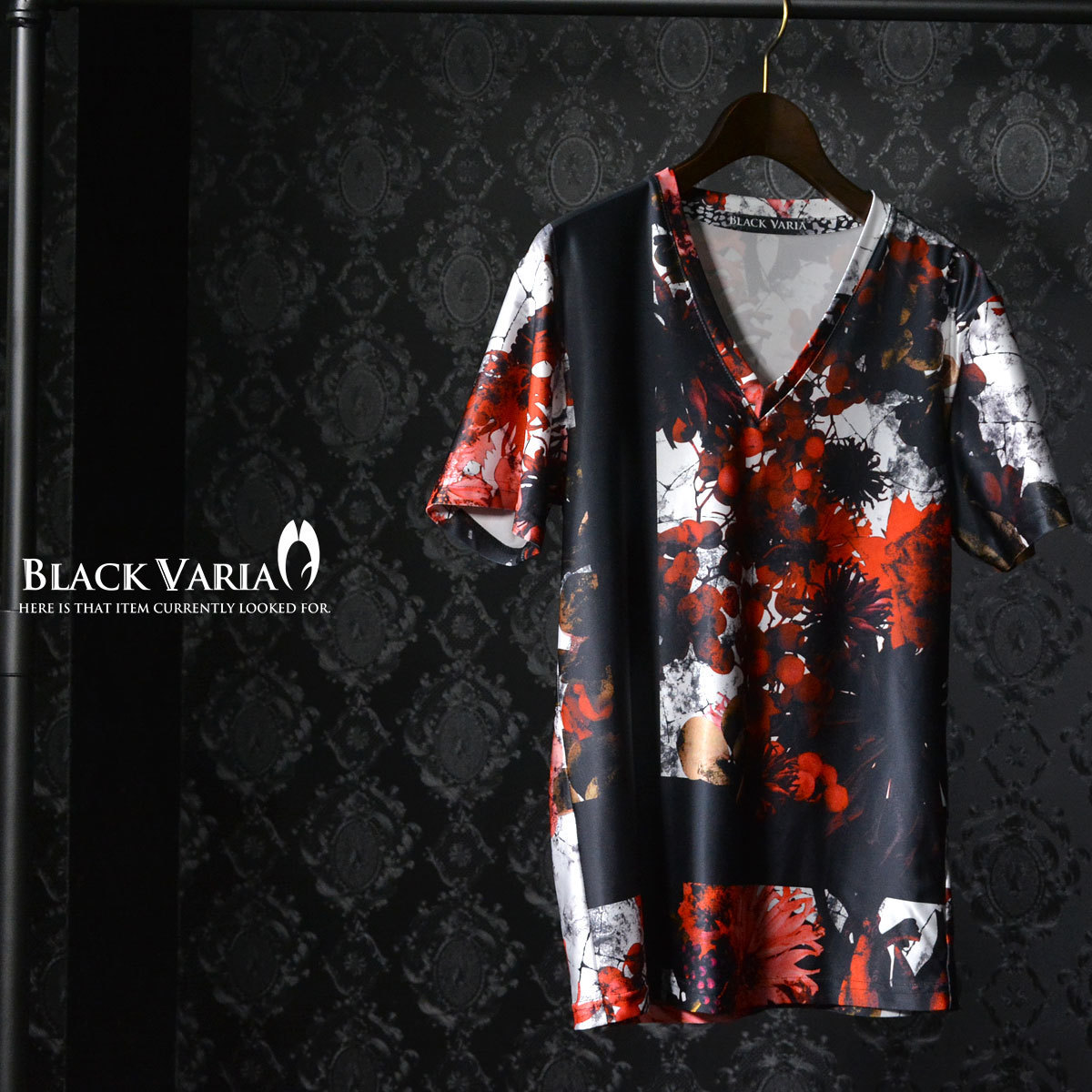 9#bv02-re BLACK VARIA プレミアム ボタニカル 黒十字 Vネック半袖Tシャツ メンズ(レッド赤) 3L 日本製 吸水速乾＆2wayストレッチ_画像2