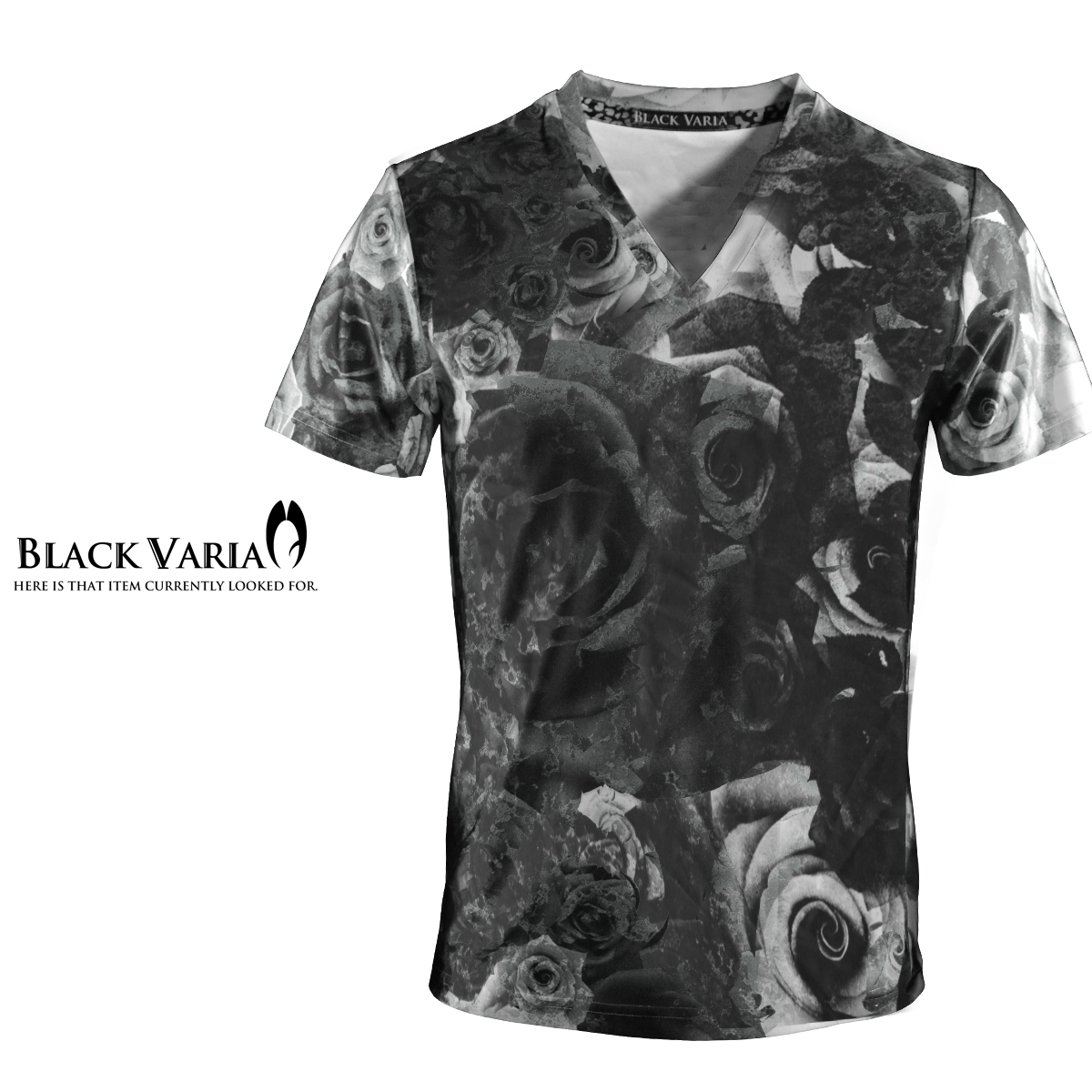 9#bv04-bk BLACK VARIA 薔薇 大輪バラ ローズ 花 プレミアム Vネック 半袖Tシャツ メンズ(ブラック黒) LL 日本製 吸水速乾＆2wayストレッチ_画像1