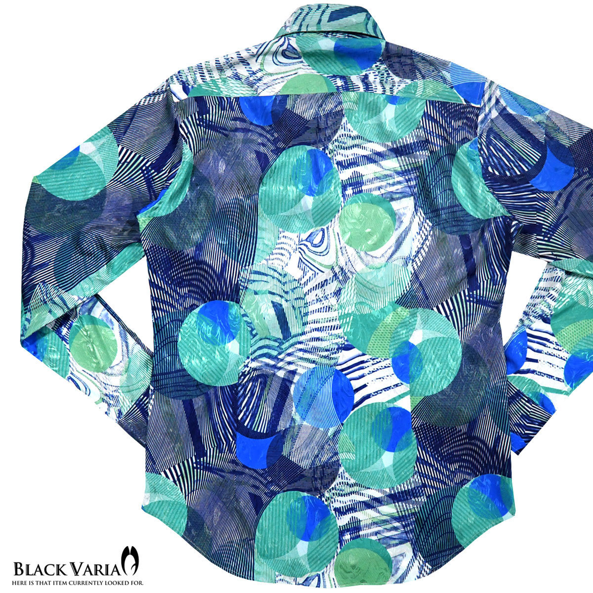 6#a181706-blgr ブラックバリア ドゥエボットーニ サークル幾何学柄 [レギュラーカラー]ドレスシャツ メンズ(ブルー青グリーン緑) XL 総柄_レギュラーカラー