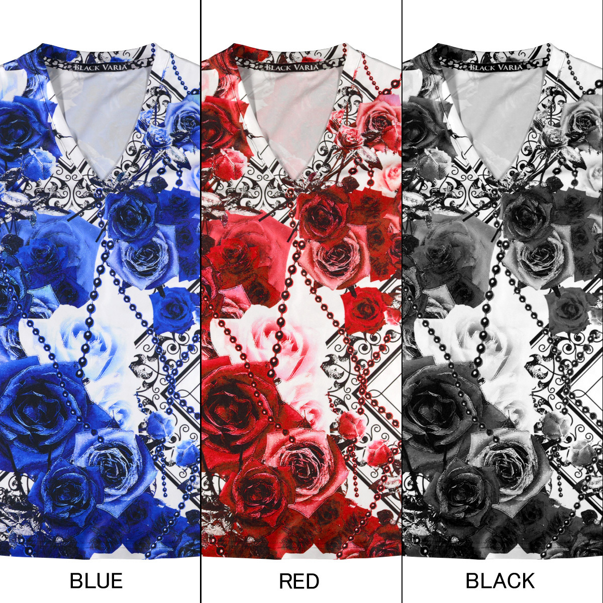 9#bv09-bk BLACK VARIA バラ花柄 ボールチェーン プレミアム Vネック 半袖Tシャツ メンズ(ブラック黒) 3L 日本製 吸水速乾＆2wayストレッチ_画像3