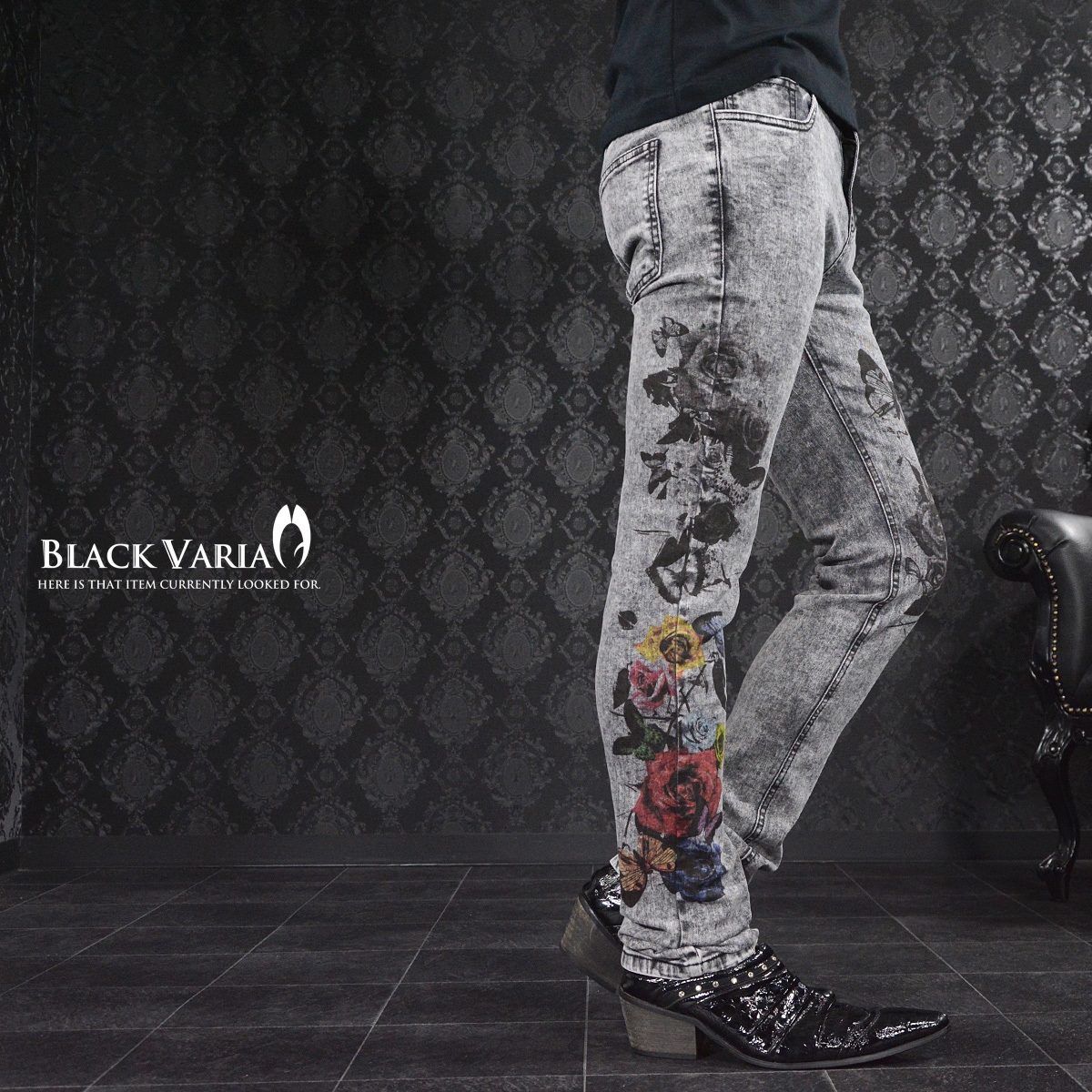 0#zkt006-bk BLACK VARIA スキニーデニム バラ 花 蝶 ケミカルウォッシュ メンズ ジーパン ストレッチストレートパンツ(薔薇柄黒系) S29_画像1