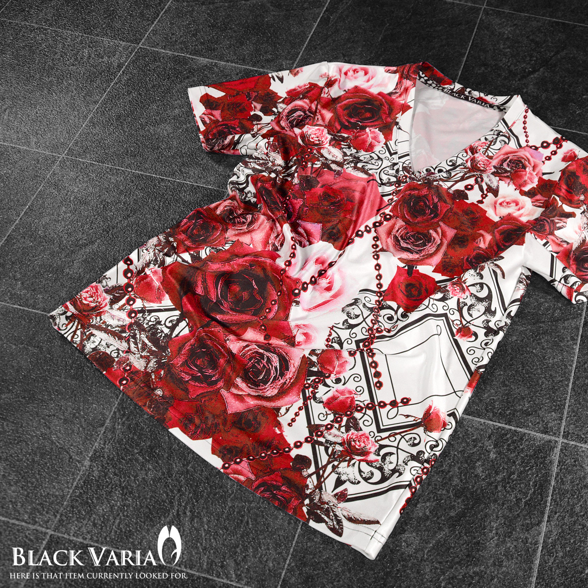 9#bv09-re BLACK VARIA バラ花柄 ボールチェーン プレミアム Vネック 半袖Tシャツ メンズ(レッド赤) M 日本製 吸水速乾＆2wayストレッチ_画像2