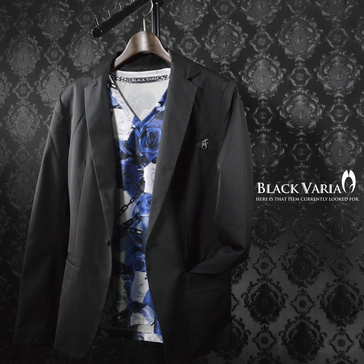 9#bv03-bl BLACK VARIA プレミアム バラ花柄 薔薇 太チェーン Vネック 半袖Tシャツ メンズ(ブルー青) 3L 日本製 吸水速乾＆2wayストレッチ_画像7