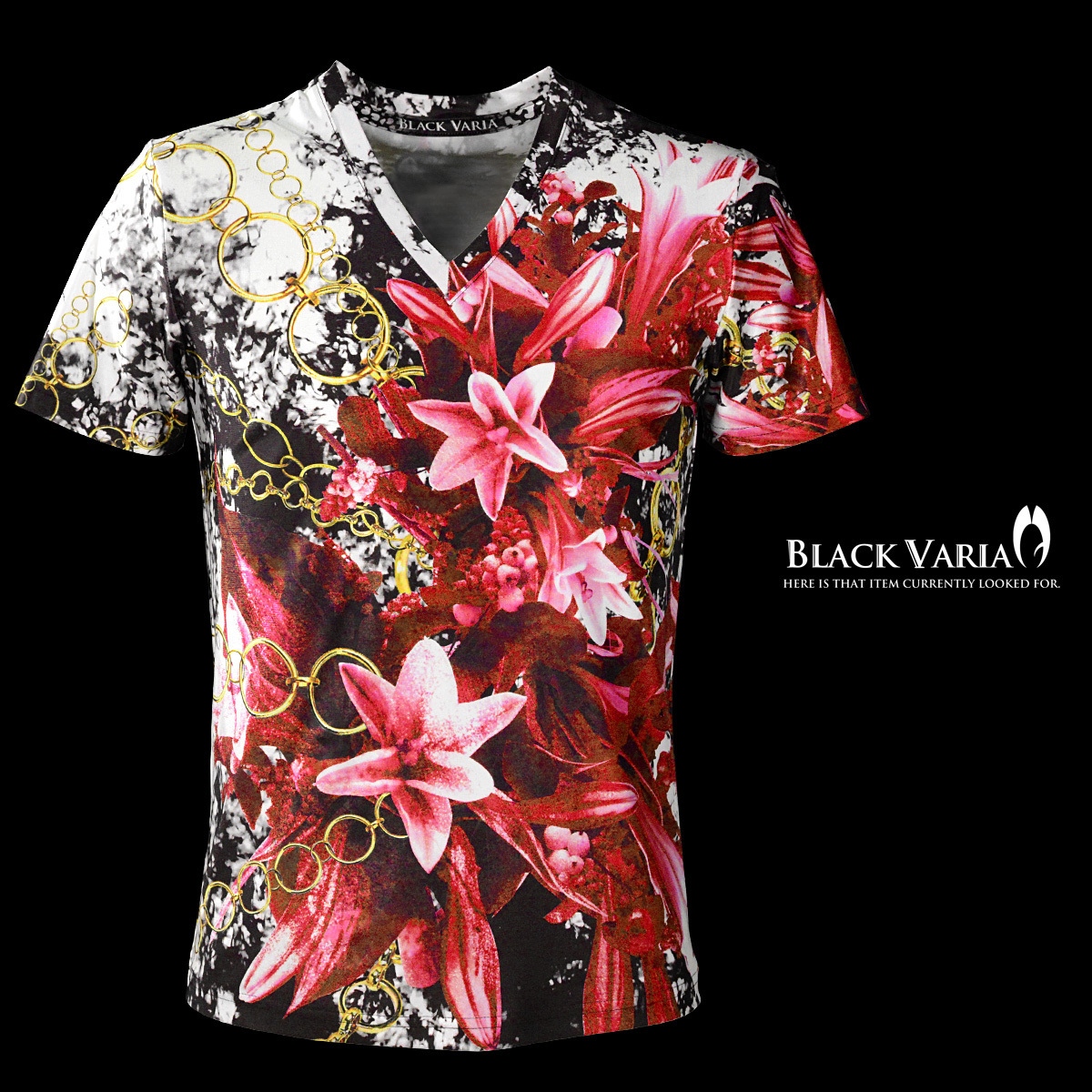 9#bv07-re BLACK VARIA 百合 花 リングチェーン柄 プレミアム Vネック 半袖Tシャツ メンズ(レッド赤) M 日本製 吸水速乾＆2wayストレッチ_画像1