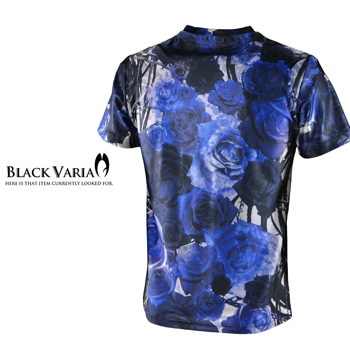 9#bv06-bl BLACK VARIA 薔薇 バラ 花 チェーン柄 プレミアム Vネック半袖Tシャツ メンズ(ブルー青) LL 日本製 吸水速乾＆2wayストレッチ_画像6