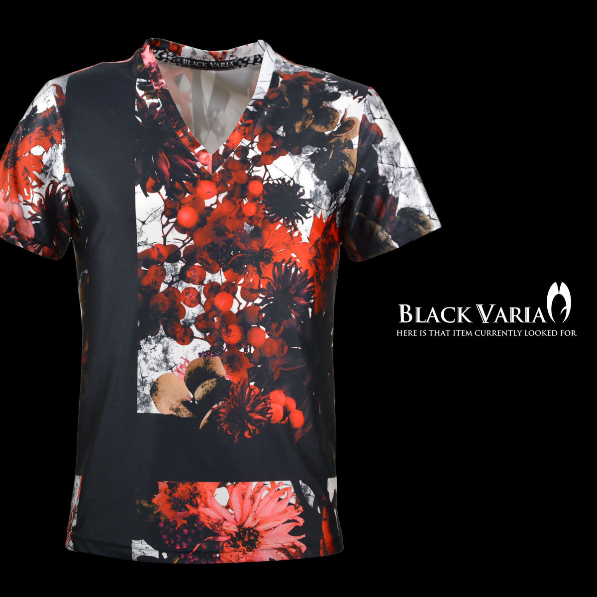 9#bv02-re BLACK VARIA プレミアム ボタニカル 黒十字 Vネック半袖Tシャツ メンズ(レッド赤) 3L 日本製 吸水速乾＆2wayストレッチ_画像1