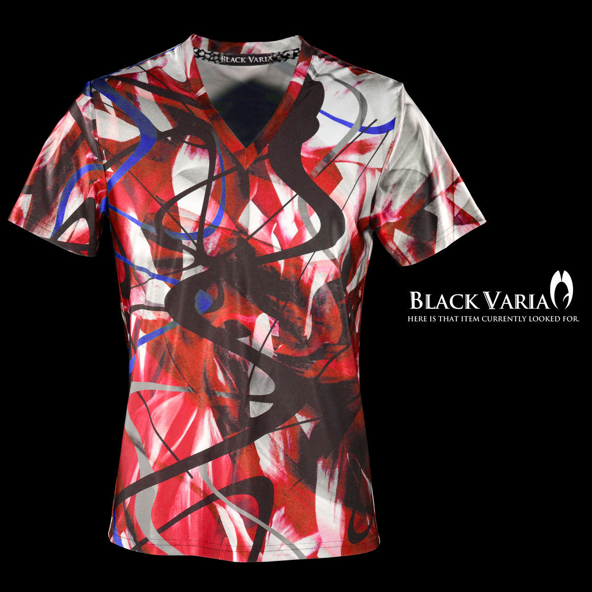 9#bv11-re BLACK VARIA モダン 曲線カーブ ムラ プレミアム Vネック 半袖Tシャツ メンズ(レッド赤) L 日本製 吸水速乾＆2wayストレッチ_画像1