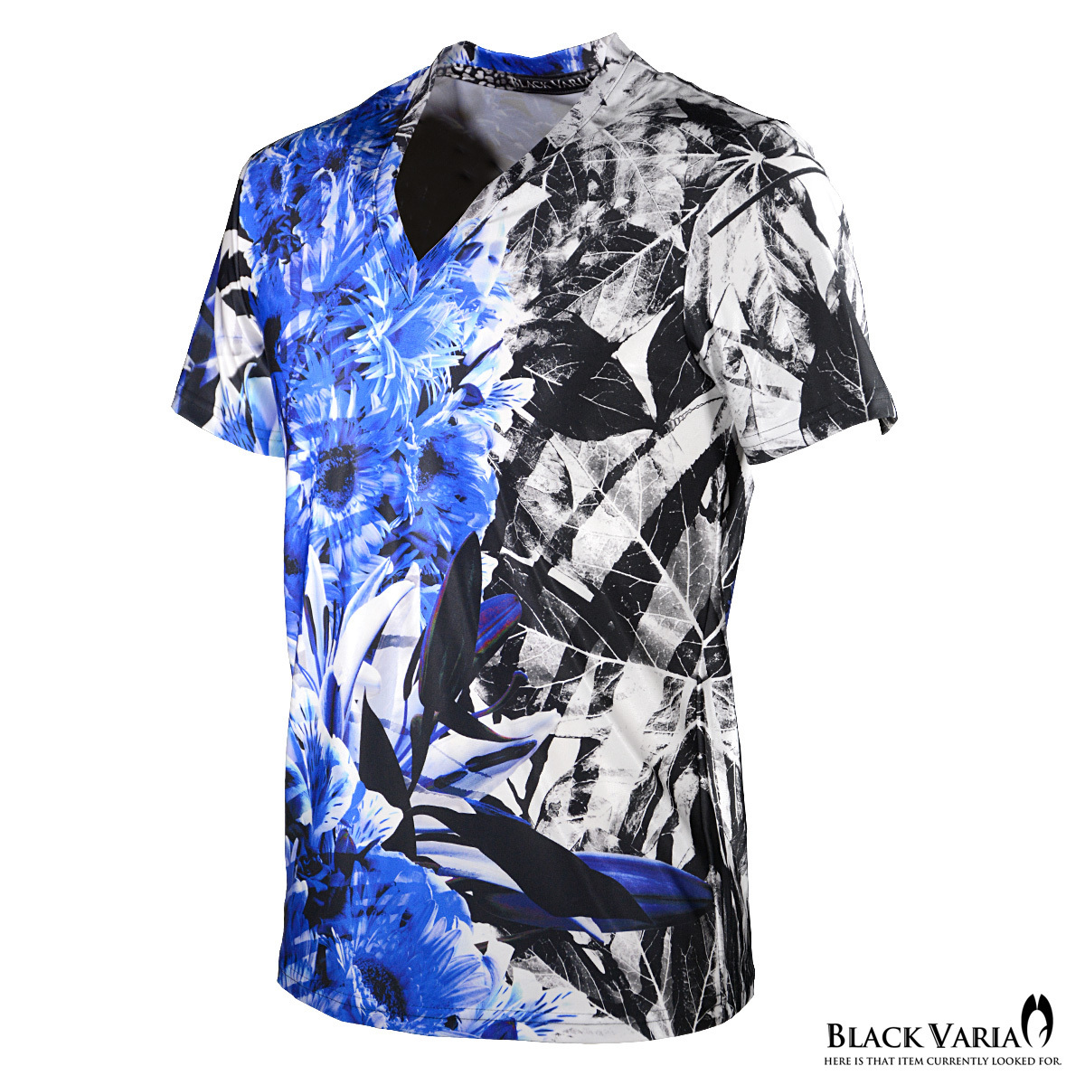 9#bv08-bl BLACK VARIA ボタニカル 葉柄 花柄 プレミアム Vネック 半袖Tシャツ メンズ(ブルー青) M 日本製 吸水速乾＆2wayストレッチ_画像2