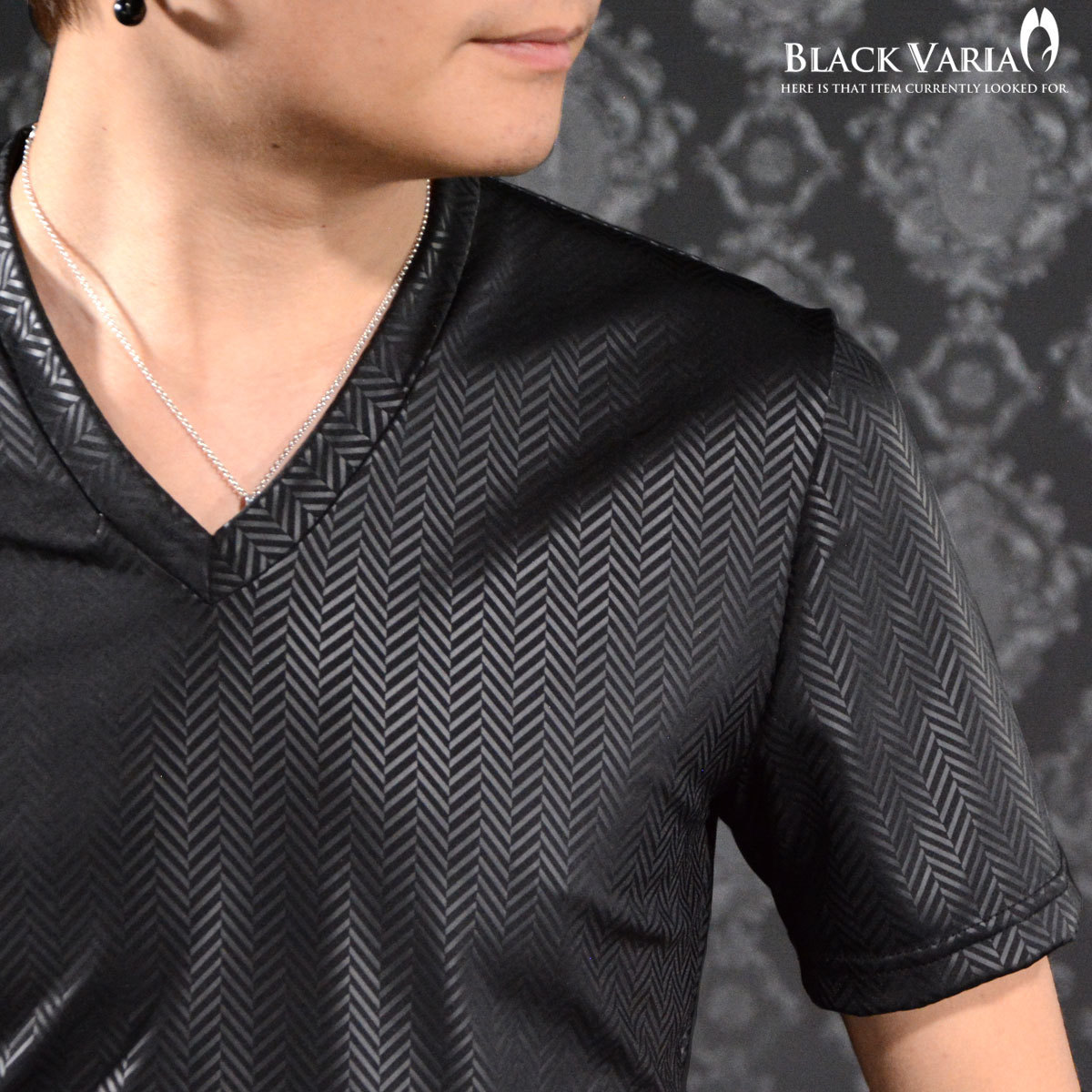 9#163917-bk ブラックバリア シェブロン柄 光沢 ジグザグ Vネック半袖Tシャツ メンズ(ブラック黒) L モード 幾何学 スリム_画像3