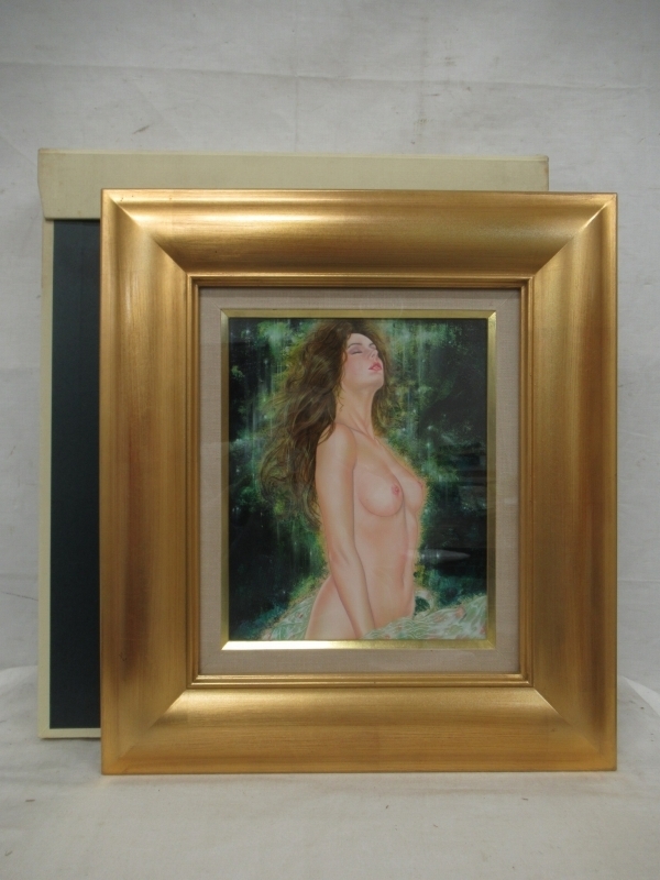 E0334 浜辺順 「フォレスト」裸婦 油彩 F3 額装 一枚の繪