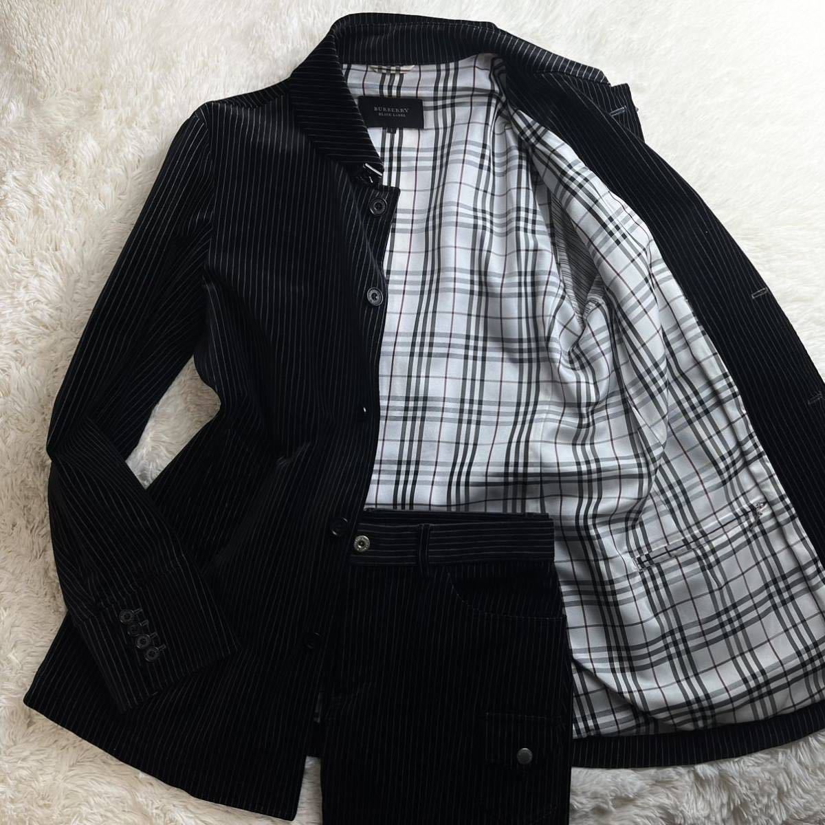 超希少モデル バーバリーブラックレーベル BURBERRY BLACK LABEL ベロア×ストライプ セットアップ ジャケット 衿ベルトLサイズ ブラック_画像1