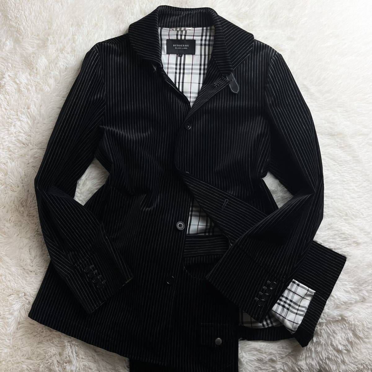 超希少モデル バーバリーブラックレーベル BURBERRY BLACK LABEL ベロア×ストライプ セットアップ ジャケット 衿ベルトLサイズ ブラック_画像2