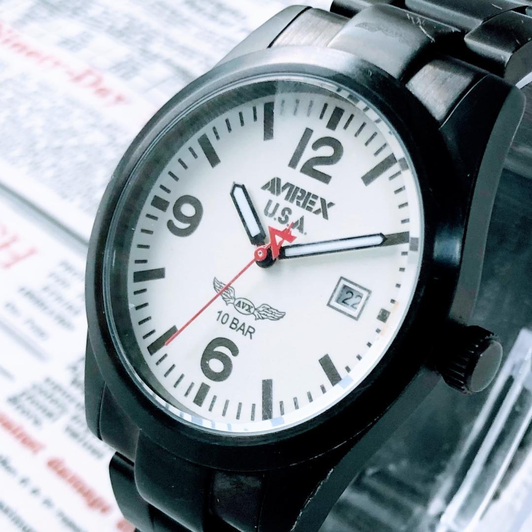 #1901 シックでお洒落 88％以上節約 メンズ腕時計 正規品 アビレックス AX-010M Quartz DATE AVIREX 動作良好 新色追加 黒色ケース 白文字盤 ブラック 日付機能