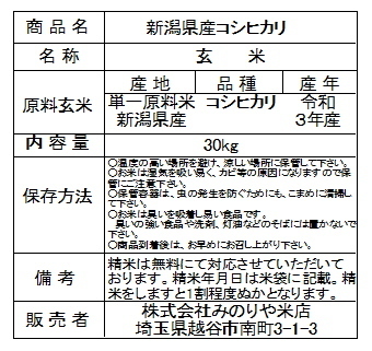 即決! 令和3年産 送料無料! 新潟県 コシヒカリ 玄米 ３０kg_画像2