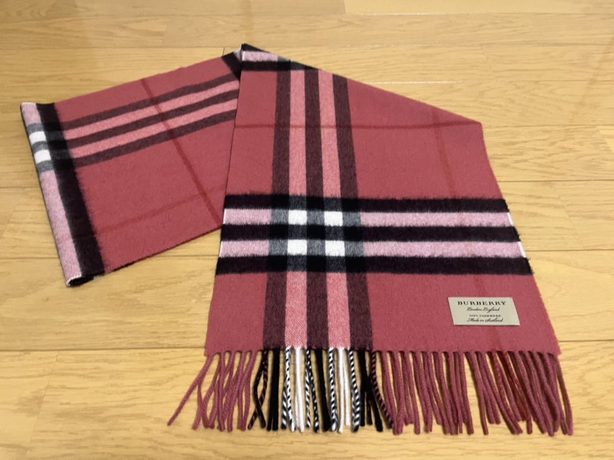 BURBERRY バーバリー マフラー カシミア100％ 未使用に近い 赤紫系-