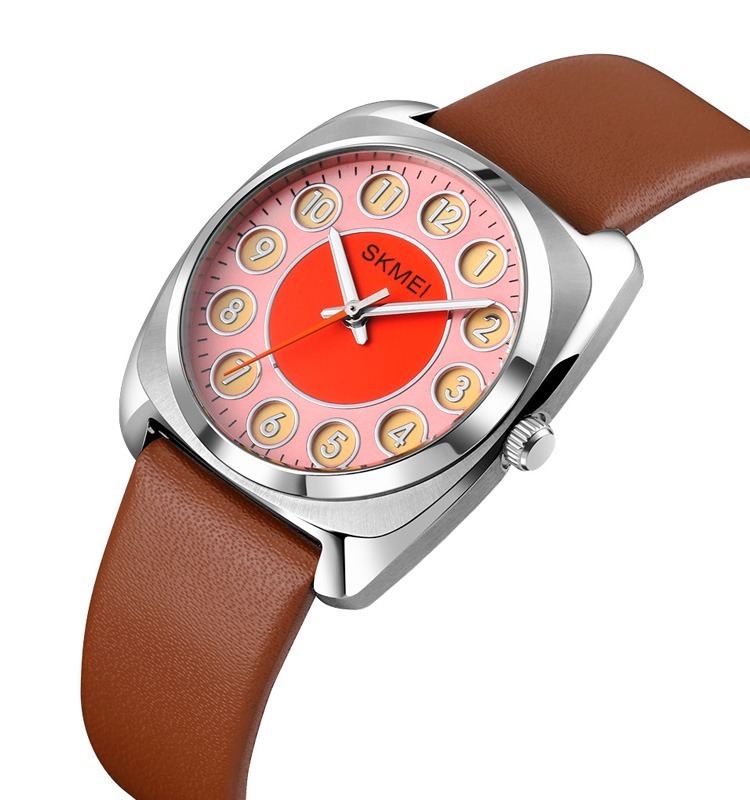 SKMEI社製 レディース腕時計 本革レザー オレンジ ブラウン 茶色 かわいい シンプル 電話 アンティーク