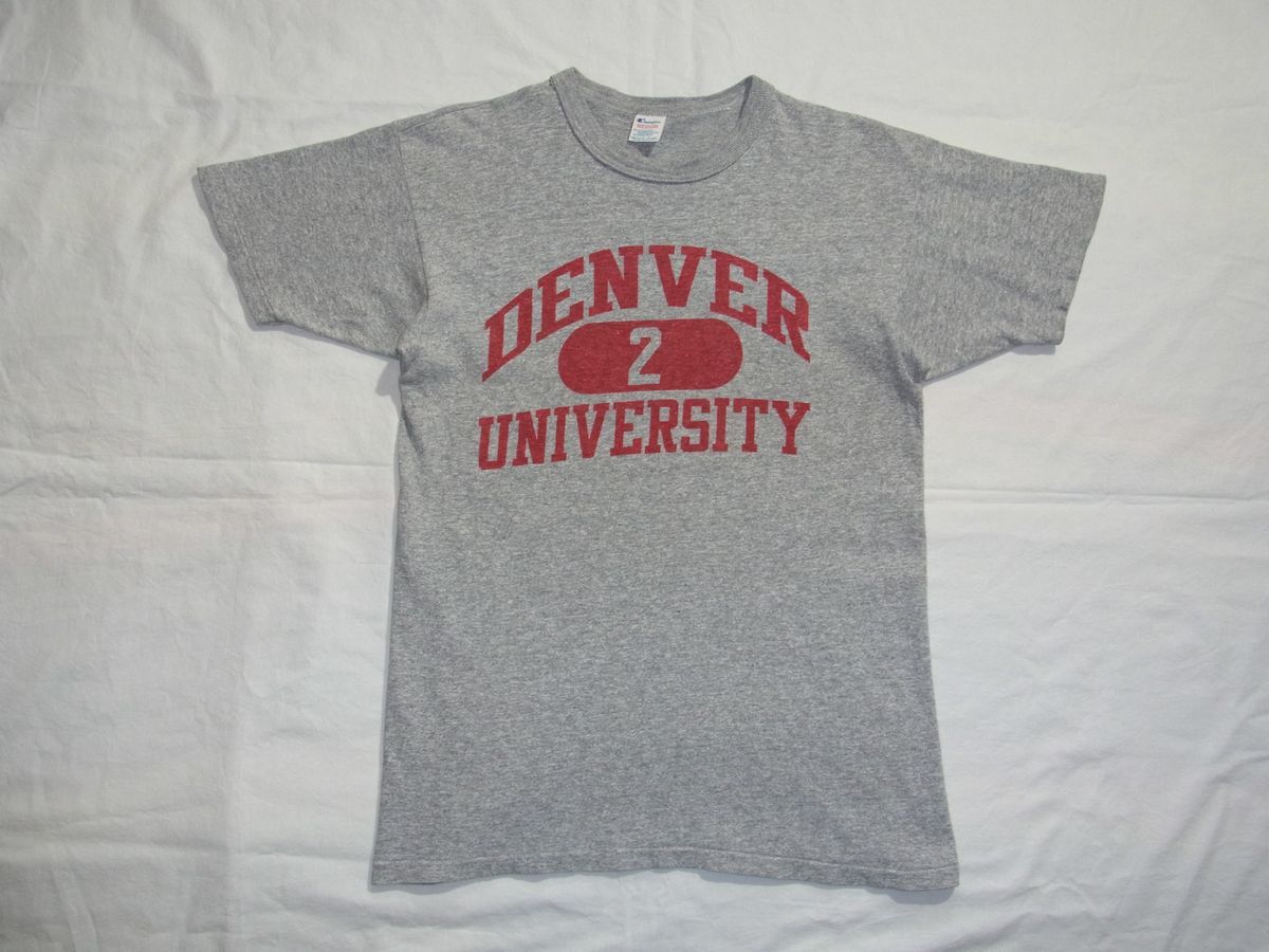 ☆ 80s USA製 ビンテージ Champion チャンピオン 88/12 DENVER UNIVERSITY 3段 染み込み カレッジ Tシャツ sizeM 霜降りグレー ☆古着 70s