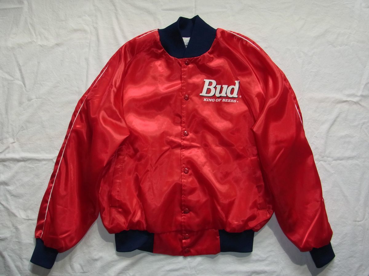 ☆ 80s USA製 ビンテージ Budweiser バドワイザー Bud KING OF BEERS ナイロン ジャケット sizeL 赤 ☆古着 オフィシャル 企業物 90s OLD_画像1