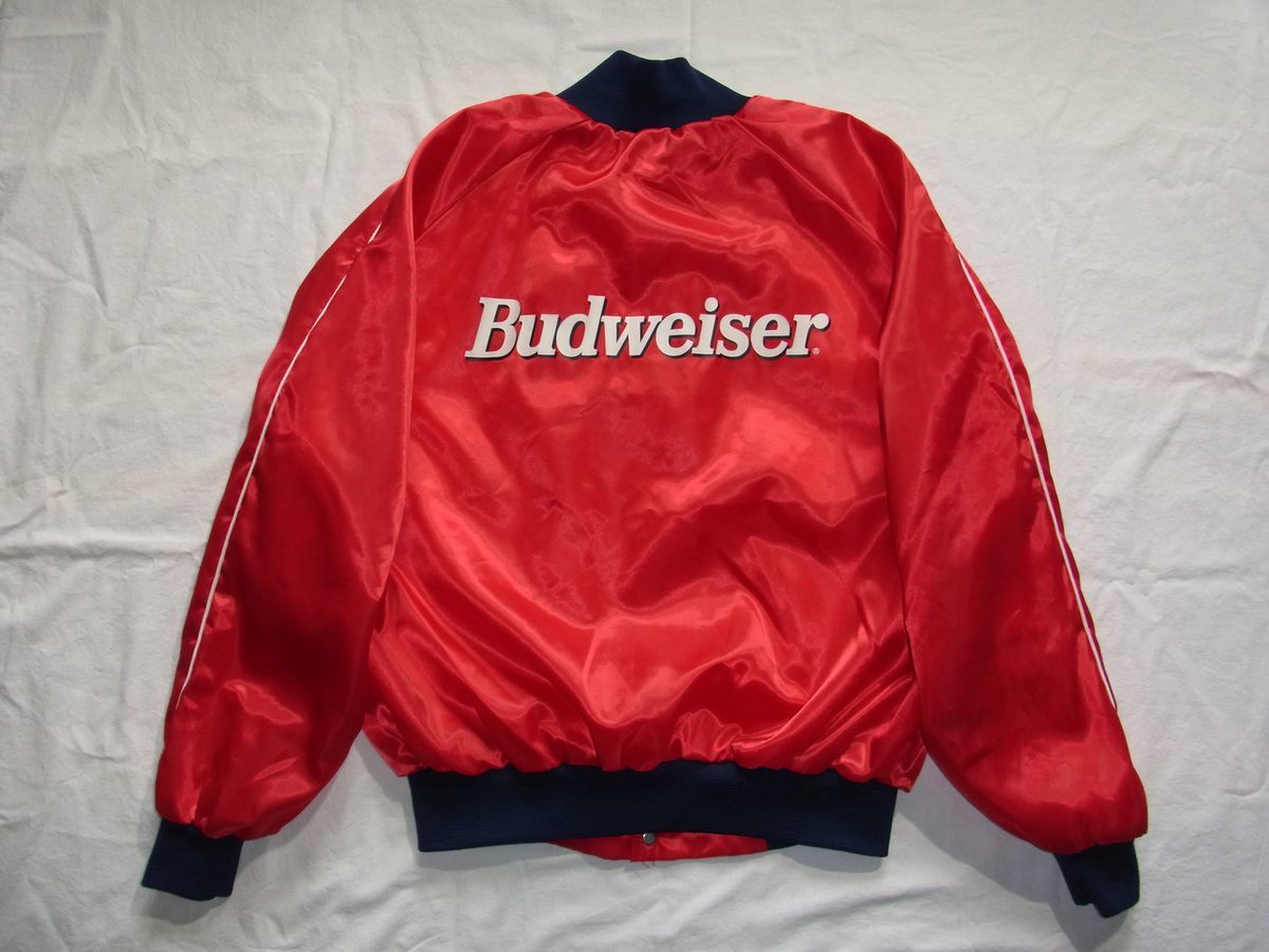 ☆ 80s USA製 ビンテージ Budweiser バドワイザー Bud KING OF BEERS ナイロン ジャケット sizeL 赤 ☆古着 オフィシャル 企業物 90s OLD_画像2