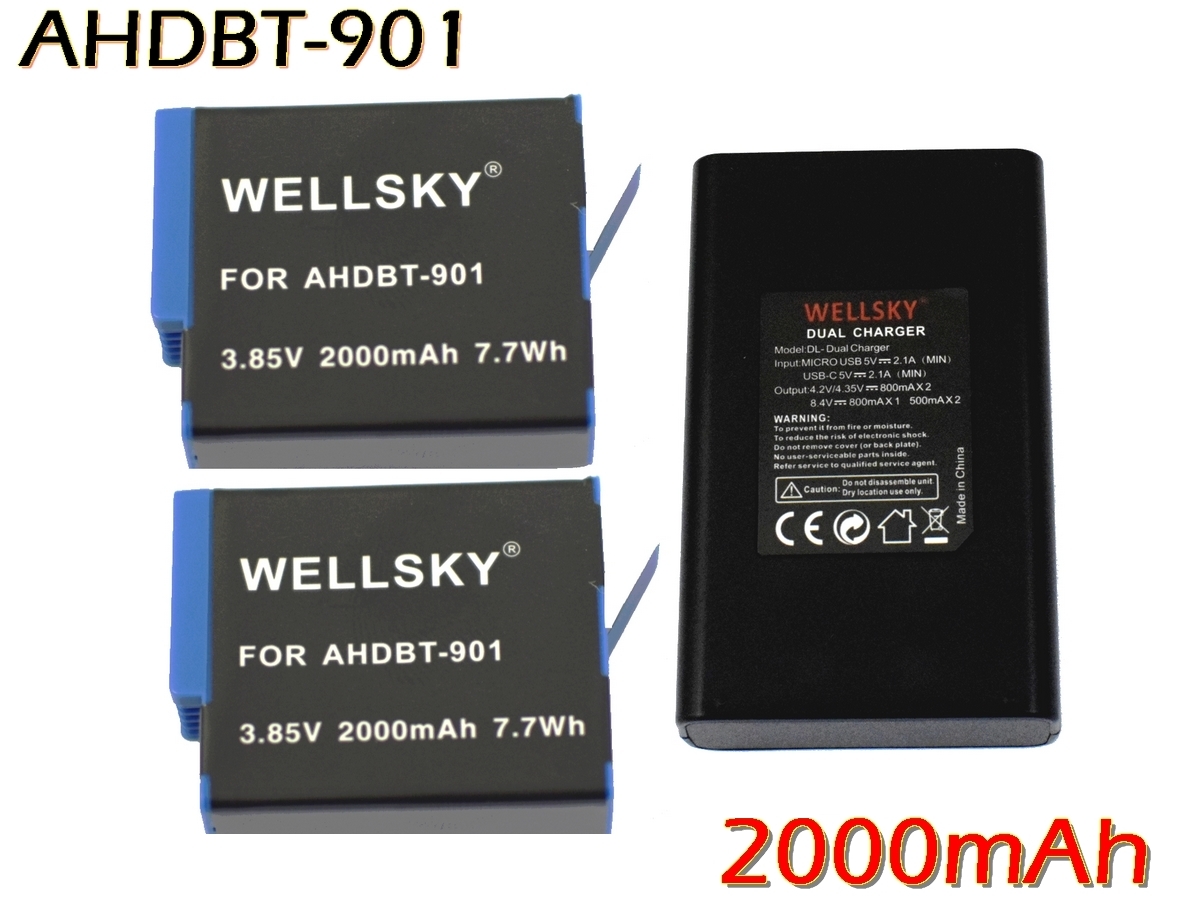 AHDBT-901 互換バッテリー 2個 デュアル Type お買い得 C USB 急速 バッテリーチャージャー 爆安プライス 互換充電器 Black ゴープロ HERO 9 GoPro Hero9