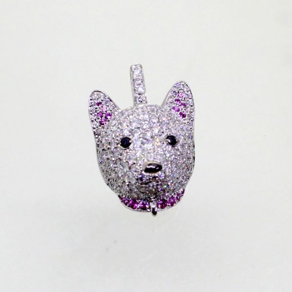独特の上品 ◎中古美品◎18金WG ダイヤ 2.10ct ピンクサファイア 0.24ct 犬デザイン ペンダント イエローゴールド
