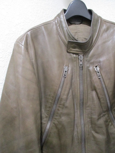 即決 2010SS Martin Margiela マルタンマルジェラ ⑭ 10SS ハノ字 八の字 5ジップ 牛革 カウレザー ライダースジャケット カーキ メンズ46_画像1