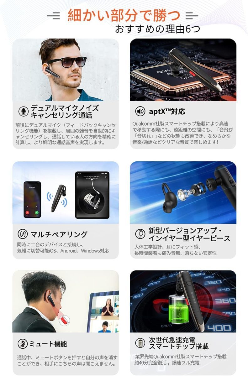 ヘッドセット bluetooth 片耳 ブルートゥース イヤフォン Glazata 日本語音声 aptX & aptX HD ミュート EC300 ブラック_画像6