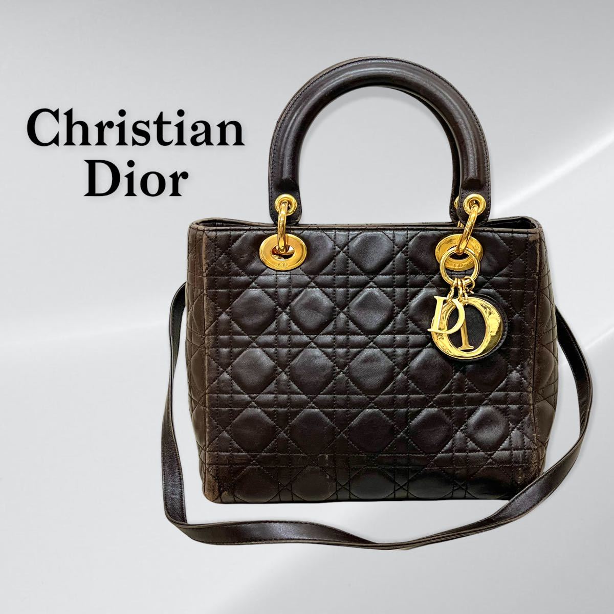 Christian Dior クリスチャン ディオール レディディオール カナージュ ロゴチャーム レザー ハンドバッグ ブラウン MA-0997