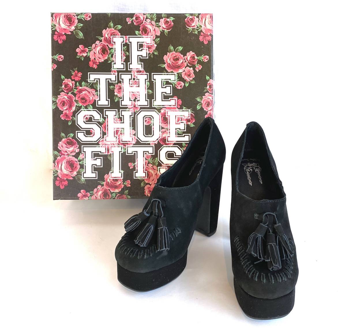  unused Jeffrey can bell thickness bottom tassel tea n key heel 38 black suede round tou pumps Rose Bud shoes regular price 22,000 jpy P685