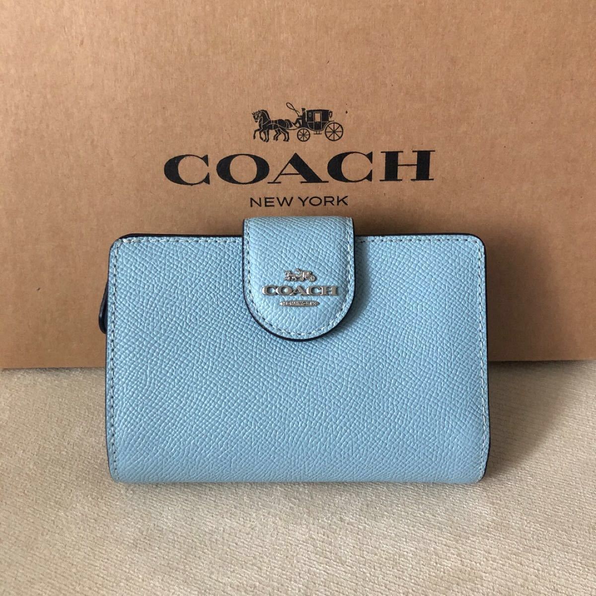 新作揃え 新品 COACH コーチ 二つ折り財布 ウォーターフォール ブルー