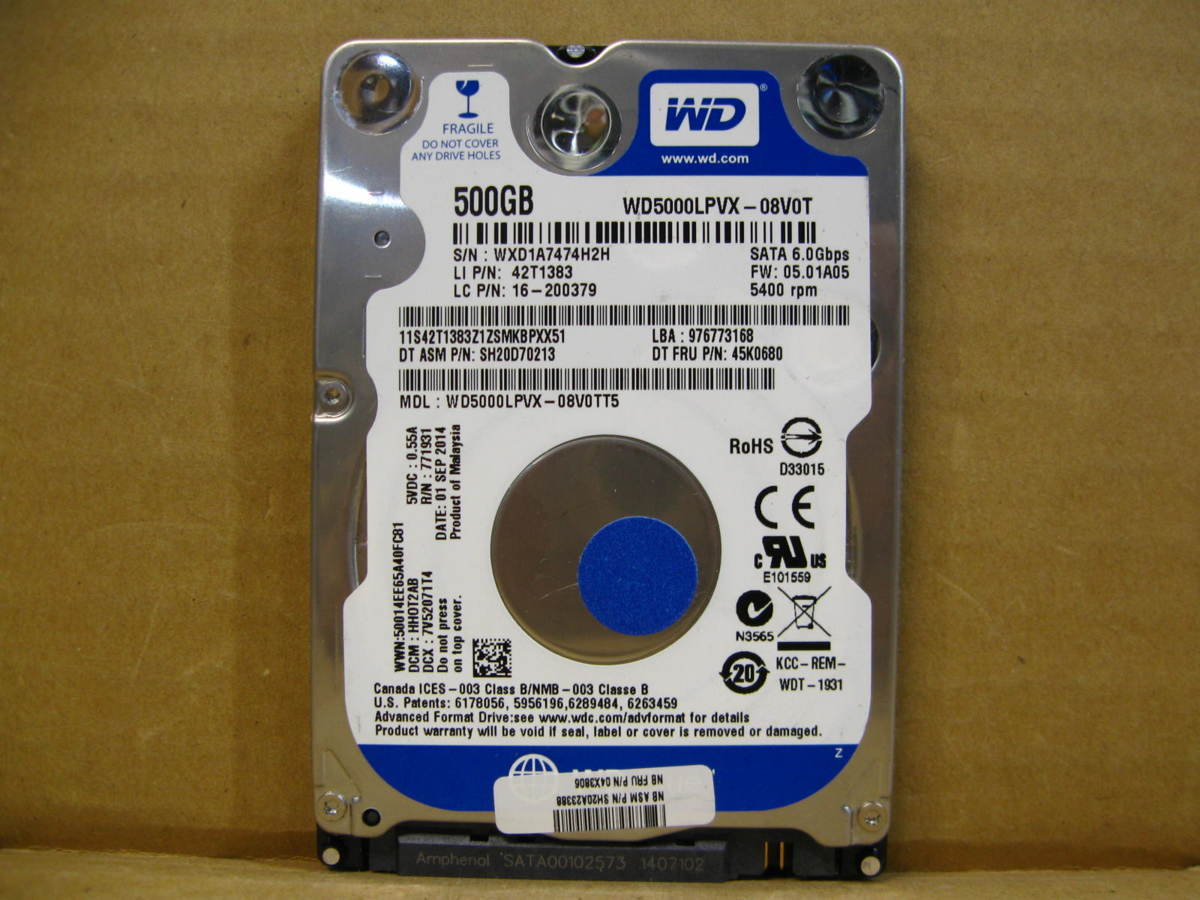 ▽Western Digital WD5000LPVX-08V0TT5 500GB SATA 5400rpm 8MB 2.5型 7mm 中古 WD Blue_画像1