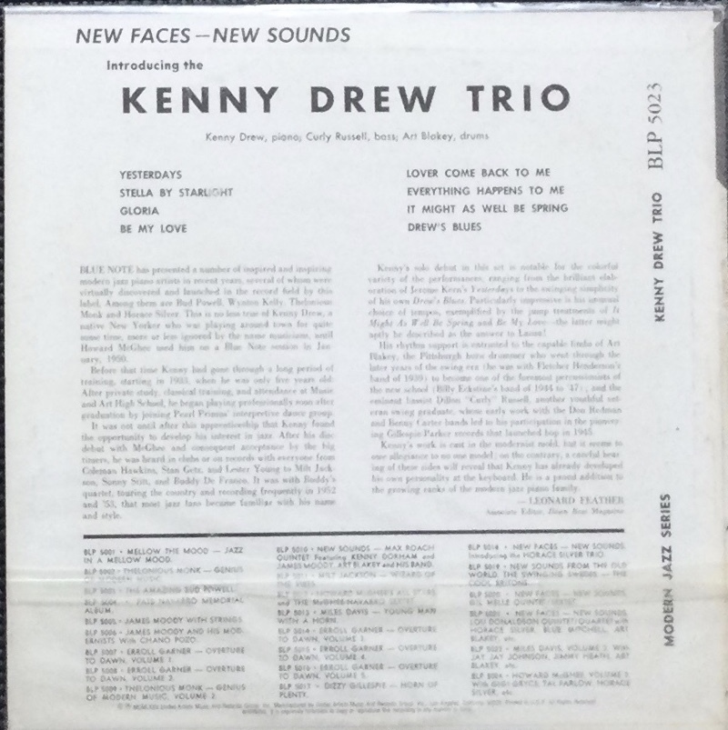 【レコード】・米盤・10インチ・BLUE NOTE 輸入盤・BLP5023 / Kenny Drew Trio 【United Artistsプレス盤】_画像2