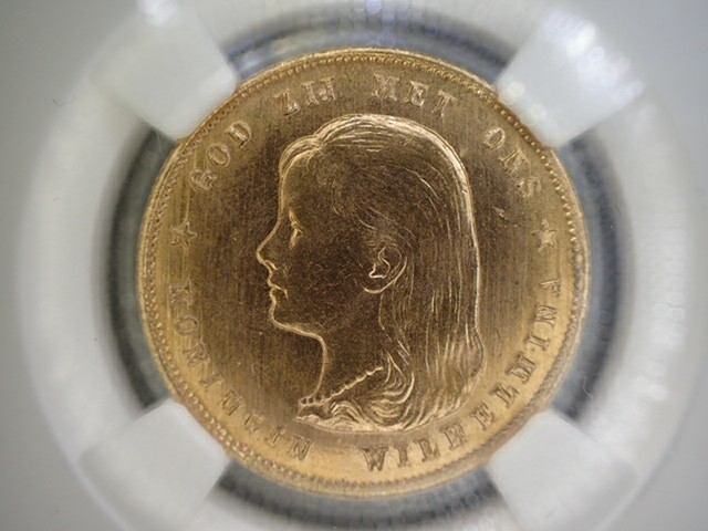 1897 オランダ 10グルデン 金貨 ウィルヘルミナ女性 NGC UNC