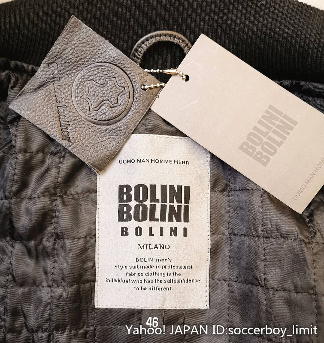 最高級15万◆イタリア・ミラノ*BOLINI/ボリニ*セレブdesigner上質牛革使用・重厚ウール切替・レザースタジアムジャンパー/mサイズ_画像2