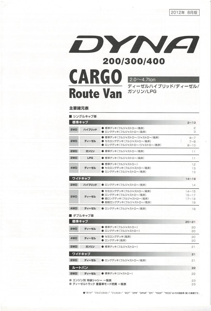 トヨタ　ダイナ　200／300／400　カーゴ　/　ルートバン　カタログ　2012年8月　DYNA