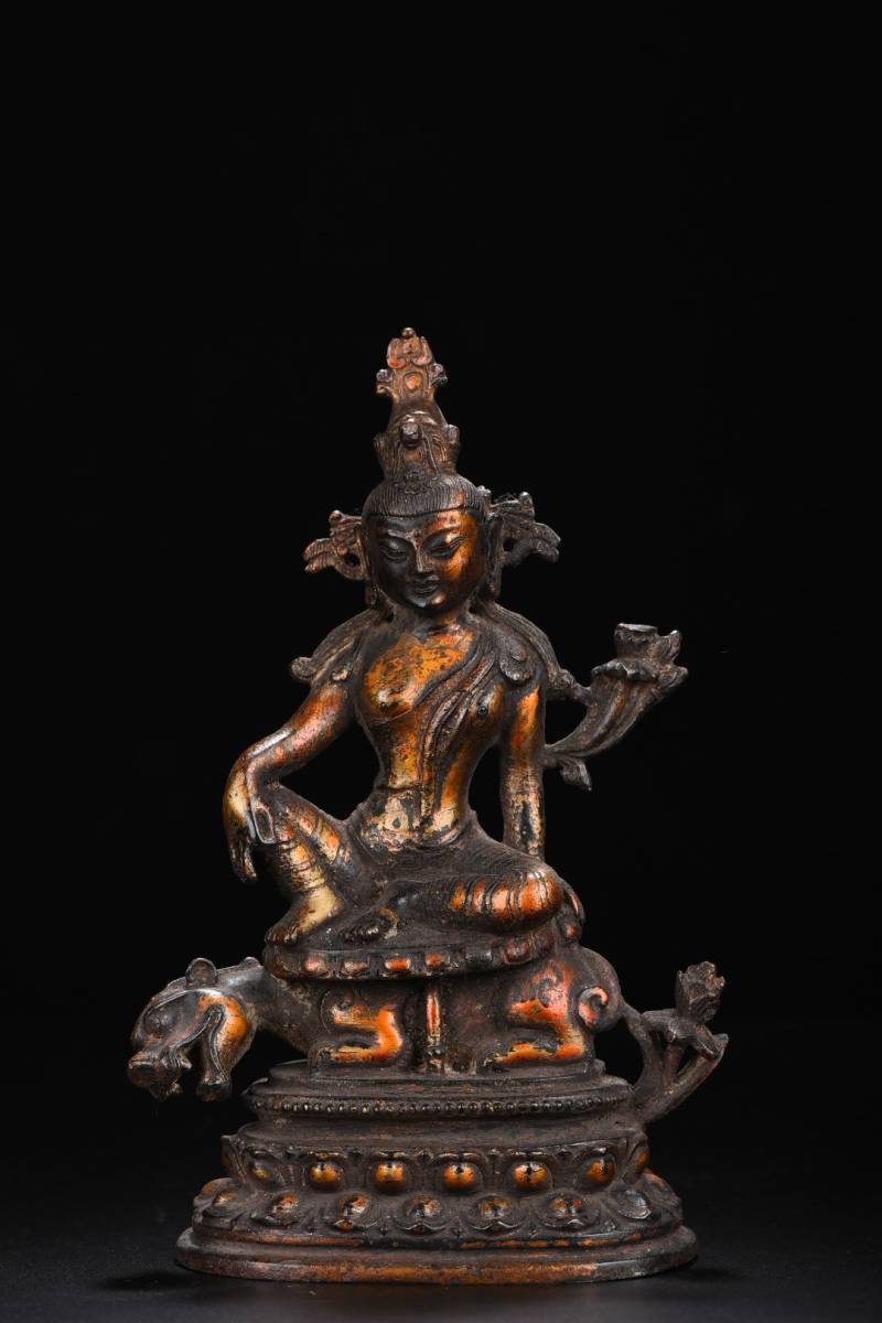 【典藏*銅製撒金*騎獸觀音像】仏像 古佛像 佛教美術品 中国古玩