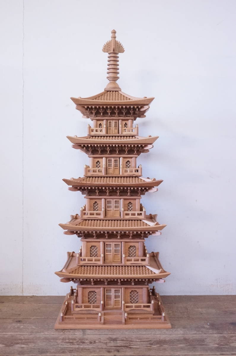 特大 木製 五重塔 木造 建築 模型 精密細工 法隆寺 置物 高さ約86.5cm 追加画像有り A