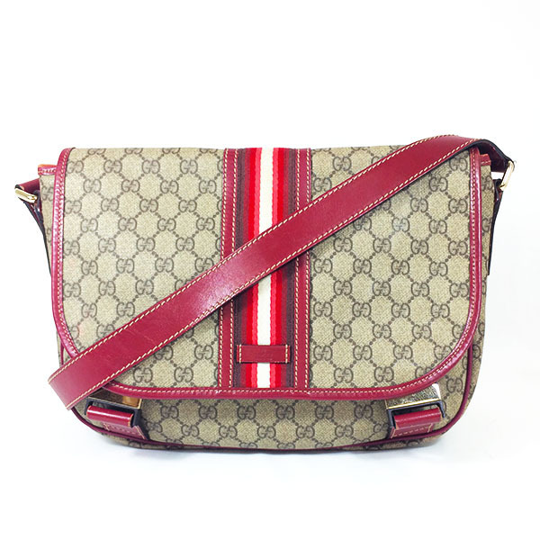 【中古】GUCCI グッチ シェリーライン 201732 メッセンジャーバッグ ショルダーバッグ PVC レザー ベージュ×レッド系_画像1