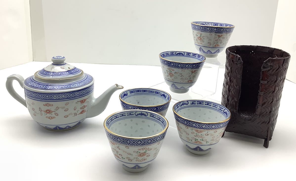 美品】陶器 中国 景徳鎮 煎茶碗 急須 煎茶道具 染付 青花 茶器セット