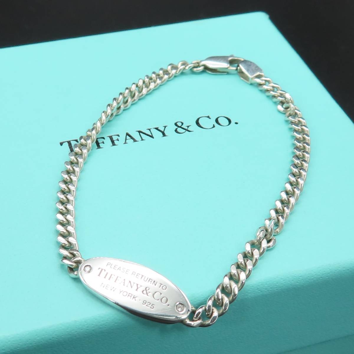 美品 Tiffany&Co. ティファニー リターントゥ 2P ダイヤモンド サークル プレート 喜平 チェーン ブレスレット Ag SV925 GG31の画像2