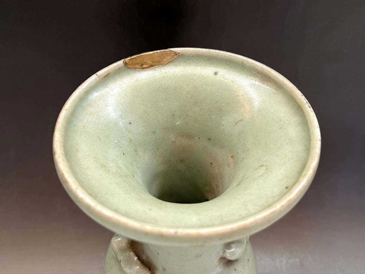 花瓶□特別出品 古青磁 唐物 双耳壺 古玩 中国 金継ぎ直し有 ラッパ口