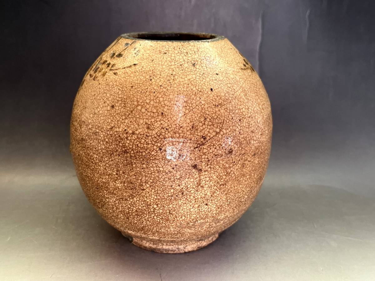 壷□古萩貫入花唐草紋丸壺(江戸期)時代物 古い花瓶 花器 古美術 骨董