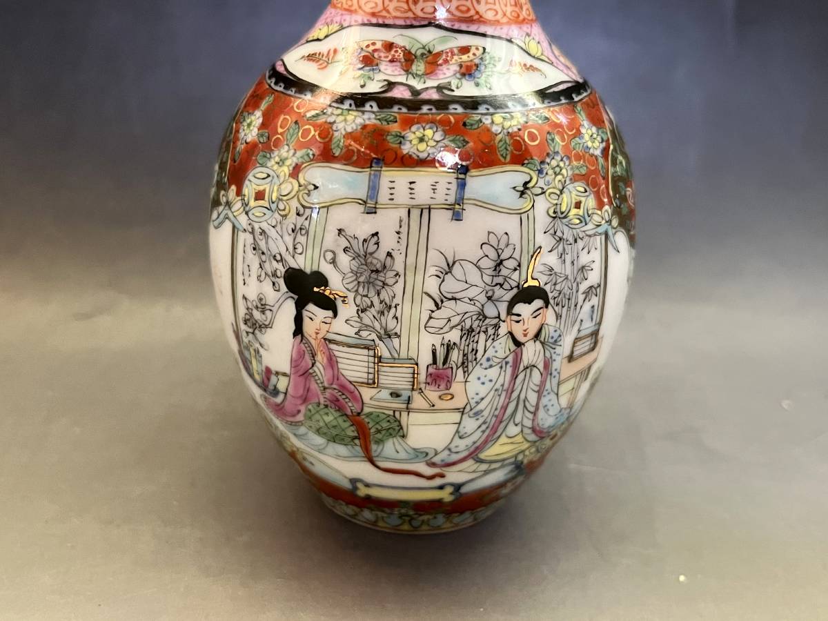  vase # Kiyoshi morning flour . overglaze enamels bin beauty picture China .. hand .. crane neck vase sake bottle person flower Tang .. old . Tang thing old fine art era thing antique goods #