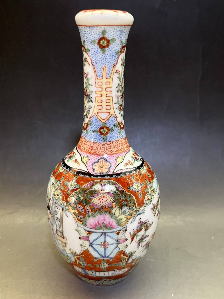  vase # Kiyoshi morning flour . overglaze enamels bin beauty picture China .. hand .. crane neck vase sake bottle person flower Tang .. old . Tang thing old fine art era thing antique goods #