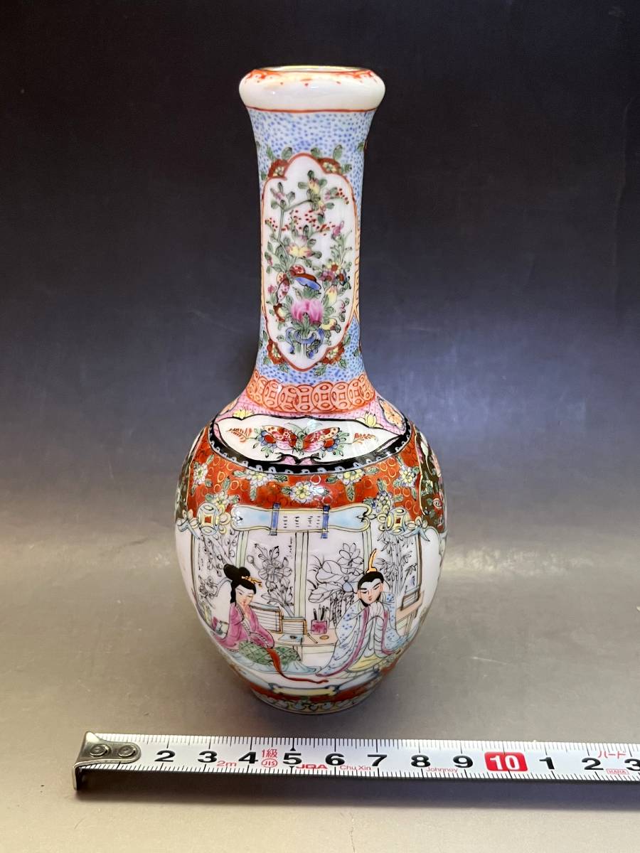  vase # Kiyoshi morning flour . overglaze enamels bin beauty picture China .. hand .. crane neck vase sake bottle person flower Tang .. old . Tang thing old fine art era thing antique goods #