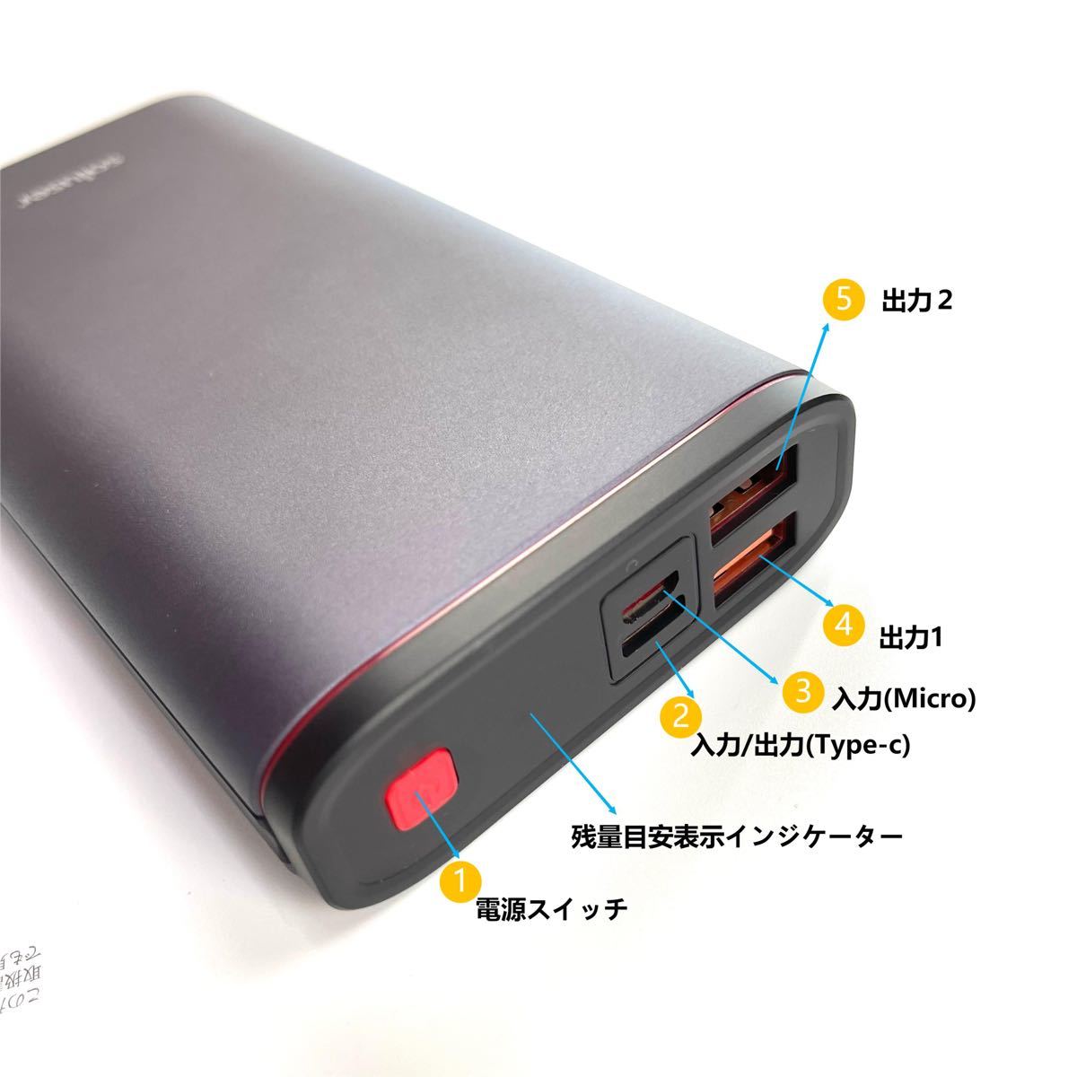 モバイルバッテリー20000mAh PD対応 2USBポート+type-C 急速充電 USB 薄型 大容量