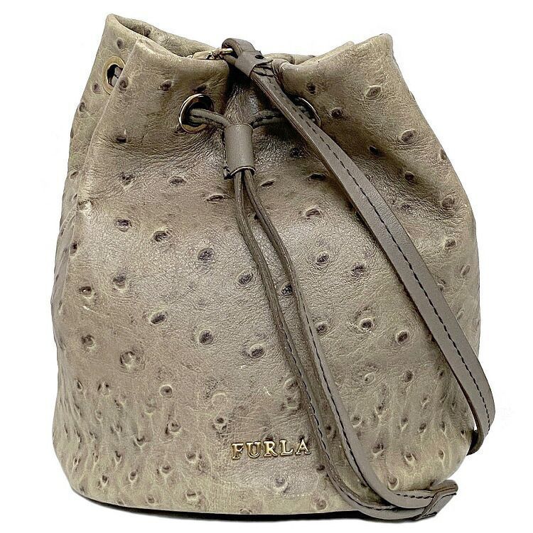 フルラ 巾着 ショルダーバッグ グレー ベージュ 美品 レザー FURLA