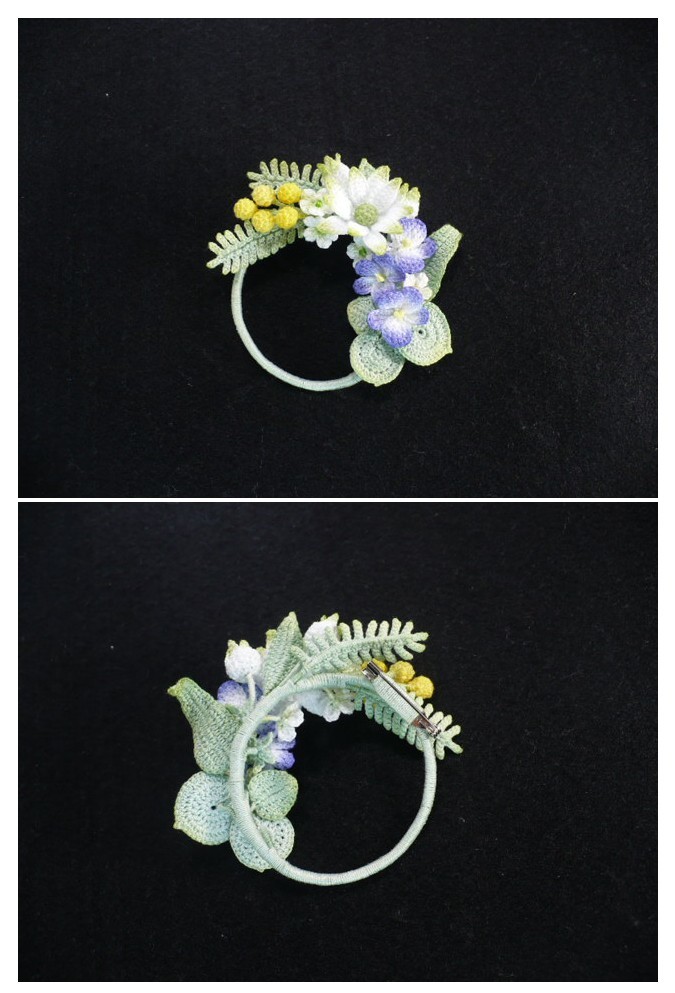 Handmade ◆ お花のリースブローチ ◆ ミモザ、フランネルフラワー、スミレ ◆ レース編み_画像10