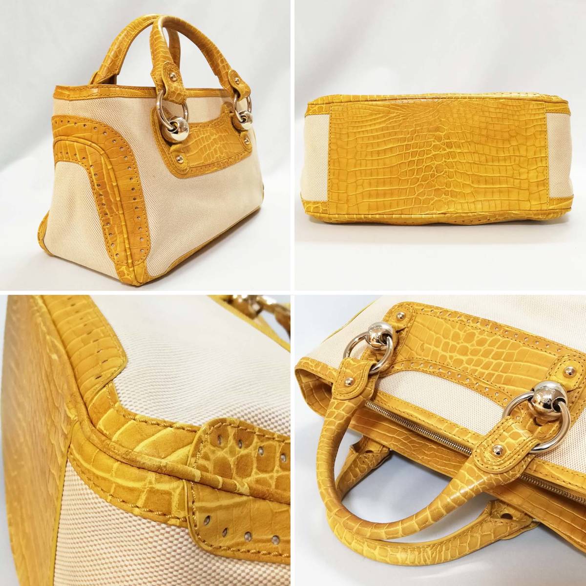【美品級】CELINE(セリーヌ) ブギーバッグ キャンバス×カーフ クロコ型押し加工 イエロー アイボリー【送料無料】498